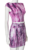 Purple Casual Print Patchwork Off Shoulder Sleeveless Two Pieces