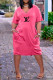 Rose Red Casual Letter Print Pocket V Neck Short Sleeve Short Sleeve Dress