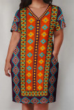 Orange Casual Street Geometric Print Pocket Contrast V Neck Printed Plus Size Dresses