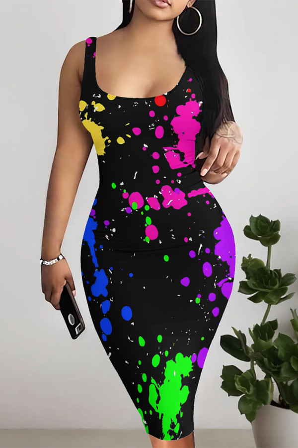 Black Sexy Street Splashed ink printing Contrast U Neck Printed Dresses