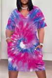 Multicolor Casual Street Tie Dye Print Pocket Contrast V Neck Printed Plus Size Dresses