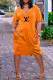 Orange Casual Letter Print Pocket V Neck Short Sleeve Short Sleeve Dress