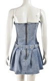 Blue Sexy Casual Solid Color Patchwork Backless With Belt Strapless Sleeveless Bodycon Denim Dresses