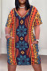 Orange Blue Casual Street Geometric Print Pocket Contrast V Neck Printed Plus Size Dresses