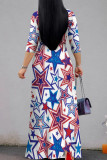 Blue White Celebrities Print Patchwork Strap Design V Neck Long Dresses