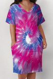 Pink Purple Casual Street Tie Dye Print Pocket Contrast V Neck Printed Plus Size Dresses