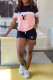 Pink Letter Print Draw String Pocket Contrast O Neck Short Sleeve Two Pieces
