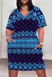 Deep Blue Casual Street Geometric Print Pocket Contrast V Neck Printed Plus Size Dresses