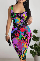 Multi-color Sexy Street Splashed ink printing Contrast U Neck Printed Dresses