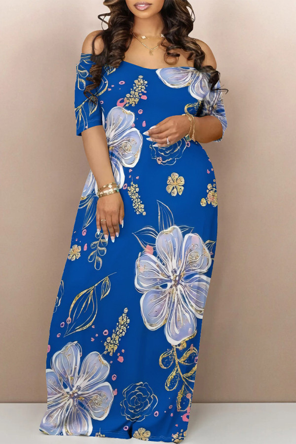 Blue Casual Butterfly Flowers Print Contrast Off Shoulder Printed Dresses