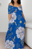 Dark Blue Casual Butterfly Flowers Print Contrast Off Shoulder Printed Dresses