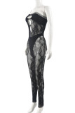 Black Sexy Solid Color Hollow Out See-Through Backless Strapless Skinny Jumpsuits