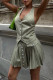Light Green Street Stripe Buckle Patchwork Ruched V Neck Sleeveless Two Pieces