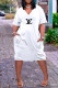 White Casual Letter Print Pocket V Neck Short Sleeve Short Sleeve Dress
