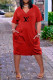 Red Casual Letter Print Pocket V Neck Short Sleeve Short Sleeve Dress