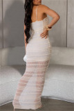 Apricot Sexy Solid Color See-Through Backless Belted Spaghetti Strap Long Dresses