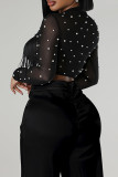 Black Casual Polka Dot Fringed Trim Pocket Patchwork See-Through Beading Mesh O Neck Long Sleeve Two Pieces