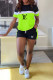 Fluorescent Green Letter Print Draw String Pocket Contrast O Neck Short Sleeve Two Pieces