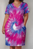 Multicolor Casual Street Tie Dye Print Pocket Contrast V Neck Printed Plus Size Dresses
