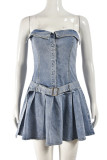 Blue Sexy Casual Solid Color Patchwork Backless With Belt Strapless Sleeveless Bodycon Denim Dresses