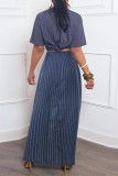 Blue Casual Striped Print Slit Regular High Waist Full Print Skirts