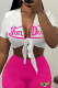 Rose Red Casual Letters Patchwork Deep V Neck Short Sleeve Two Pieces