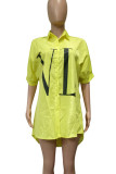 Yellow Casual Letters Buckle Patchwork Ruched Turndown Collar Tops