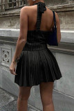 Black Street Stripe Buckle Patchwork Ruched V Neck Sleeveless Two Pieces