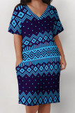 Tibetan Blue Casual Street Geometric Print Pocket Contrast V Neck Printed Plus Size Dresses