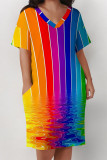 Rainbow Color Casual Street Ombre Rainbow Print Pocket Contrast V Neck Printed Plus Size Dresses