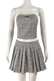 Khaki Sexy Casual Print Backless Belted Strapless Sleeveless Two Pieces