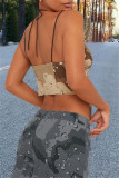 Camouflage Sexy Casual Camouflage Print Backless Irregular Belted Spaghetti Strap Tops