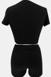 Black Casual Solid Color Patchwork O Neck Short Sleeve Two Pieces