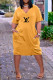 Yellow Casual Letter Print Pocket V Neck Short Sleeve Short Sleeve Dress