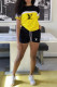 Yellow Letter Print Draw String Pocket Contrast O Neck Short Sleeve Two Pieces