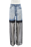Blue Casual Patchwork Contrast Mid Waist Straight Denim Jeans