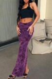 Purple Casual Print Slit Ruched Bodycon High Waist Conventional Full Print Skirts