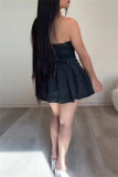 Black Sexy Casual Solid Color Patchwork Backless With Belt Strapless Sleeveless Bodycon Denim Dresses