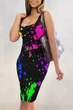 Multi-color Sexy Street Splashed ink printing Contrast U Neck Printed Dresses