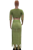 Green Celebrities Solid Color Fringed Trim Hollow Out Patchwork High Slit O Neck Short Sleeve Two Pieces