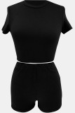 Black Casual Solid Color Patchwork O Neck Short Sleeve Two Pieces