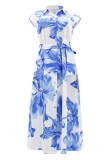 Blue Casual Floral Print Buttons Turndown Collar Long Dresses
