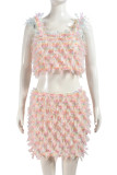 Pink Sexy Casual Patchwork Backless Spaghetti Strap Sleeveless Two Pieces