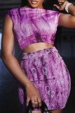 Purple Casual Print Patchwork Off Shoulder Sleeveless Two Pieces