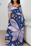 Dark Blue Casual Butterfly Flowers Print Contrast Off Shoulder Printed Dresses