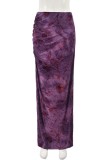 Purple Casual Print Slit Ruched Bodycon High Waist Conventional Full Print Skirts