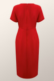 Red Celebrities Solid Color Patchwork Slit Zipper O Neck Wrapped Skirt Plus Size Dresses