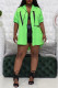 Green Casual Letters Buckle Patchwork Ruched Turndown Collar Tops