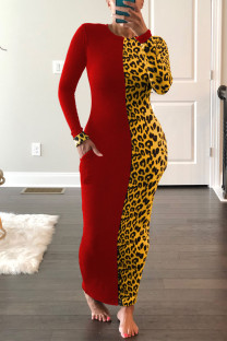 Red Sexy Print Patchwork Turtleneck Wrapped Skirt Dresses