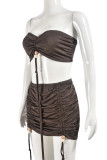 Brown Celebrities Solid Color Patchwork Ruched Strapless Sleeveless Two Pieces